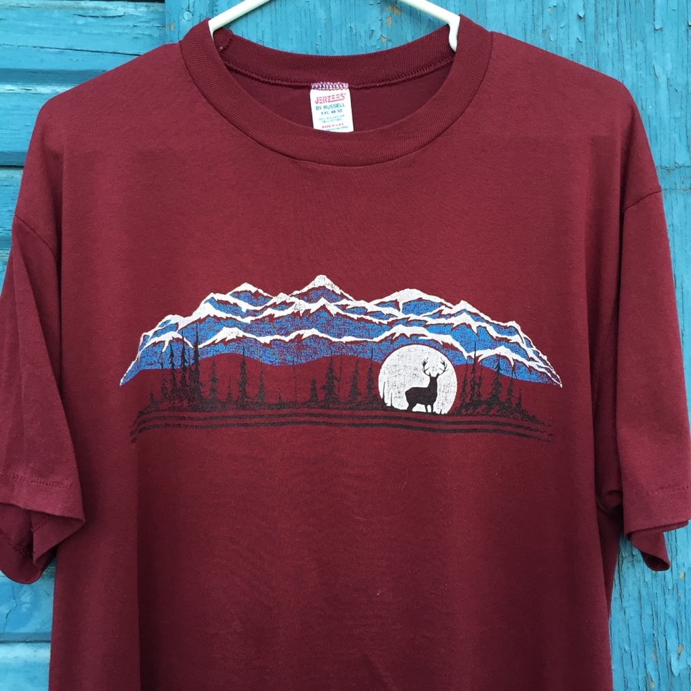 Vintage 80’s Deer Nature Mountains Shirt XXL.